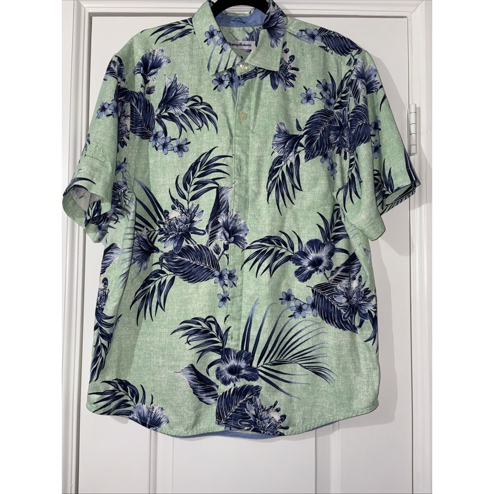Tommy Bahama Shirt Mens Medium Blue Teal Hawaiian Short Sleeve Button Up